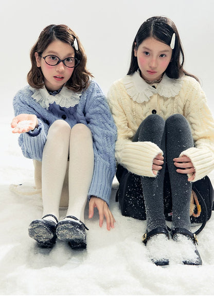 "Cotton Mousse" Cable Knit Cardigan with Detachable Ruffle Collar (Cotton Blue/ Soft White)