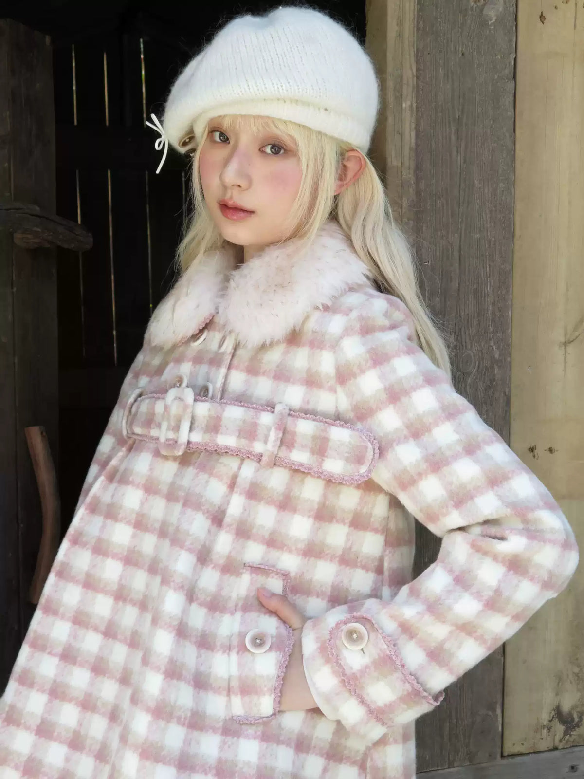 RF - Dusty Pink Plaid Wool-Look Coat with Detachable Fur Collar