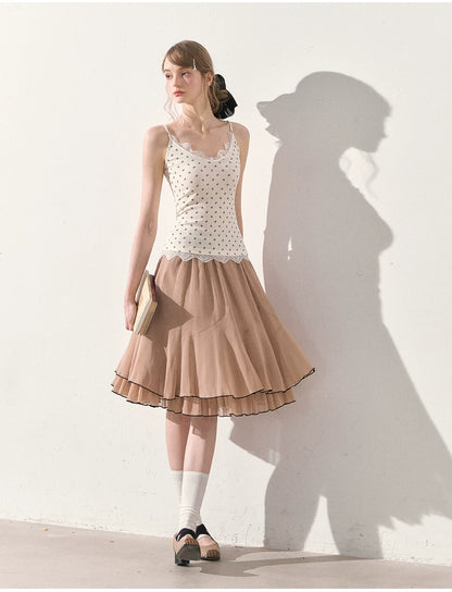 "Summer Café Encounter" Chocolate Knit Cardigan, Floral Lace Cami & Mocha Chiffon Skirt Set