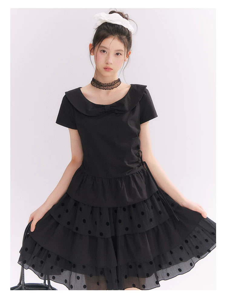 “Midnight Sweetheart” Black Korean-Style Bow Polka Dot Tiered Dress
