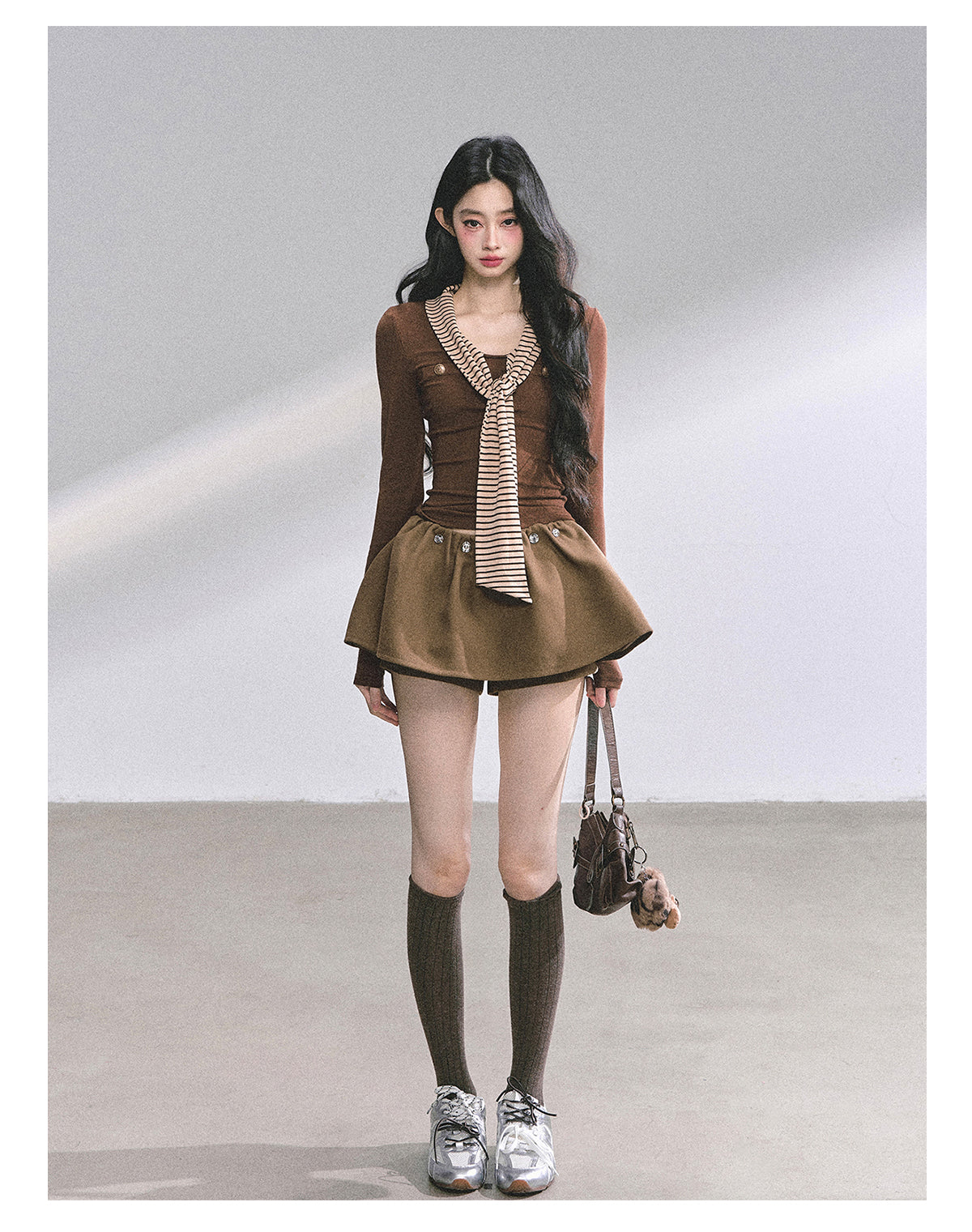 少也眼 "High-Mind Lady" American-Style Tee with Striped Neck Tie - Coffee 145846315