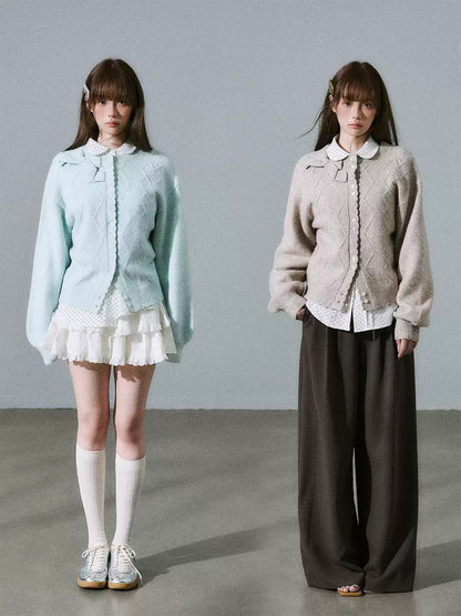 LOST FOREST - Flower Camel Wool Blend Bow Cardigan