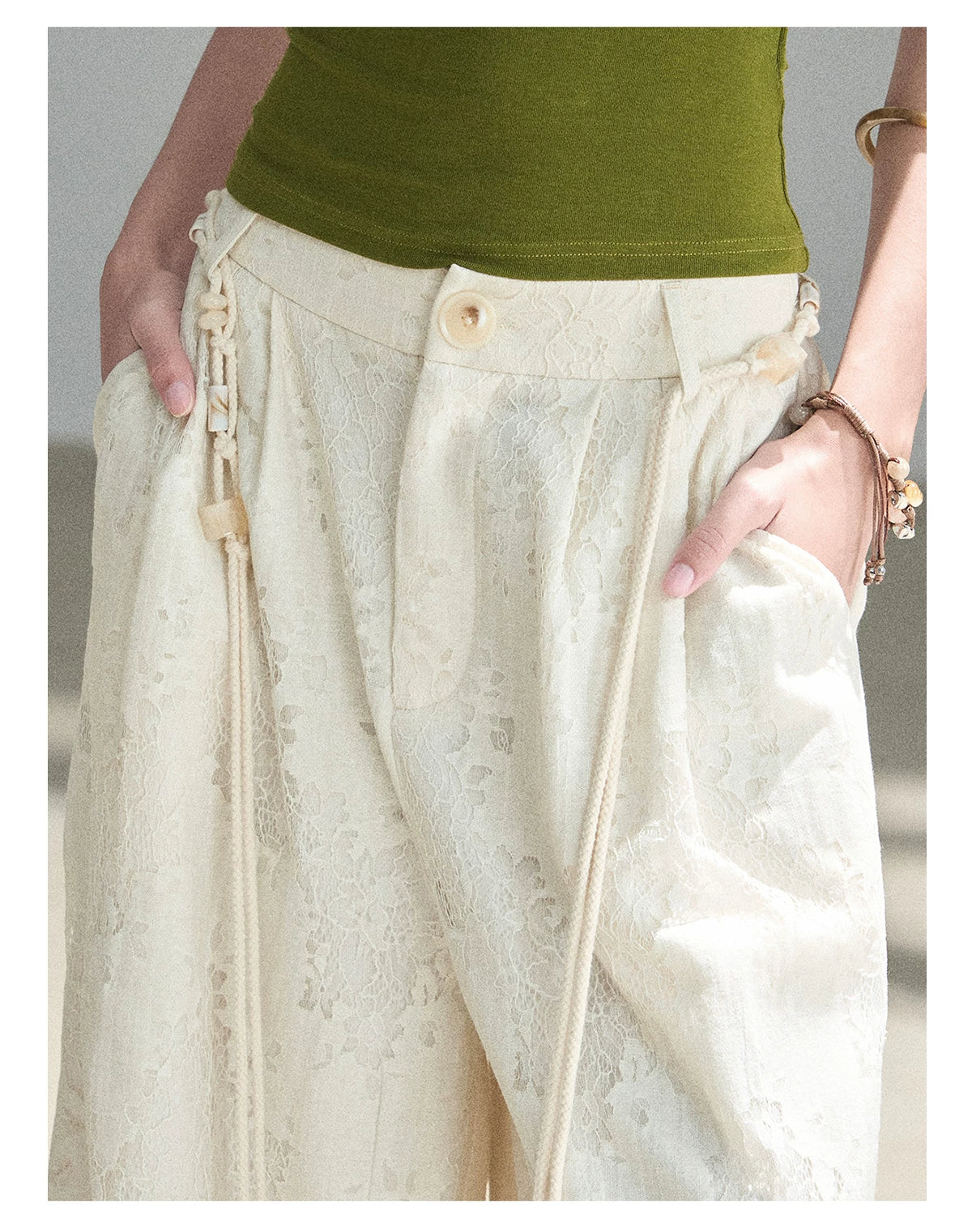 "A Love Letter to Sunlight" Dutch Cream Lace Wide-Leg Pants (With Matching Waist Rope)