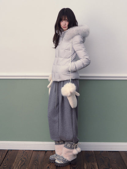 Soote Season - Glacier Blue Cropped Hooded Slim Down Jacket with Detachable Fur Collar
