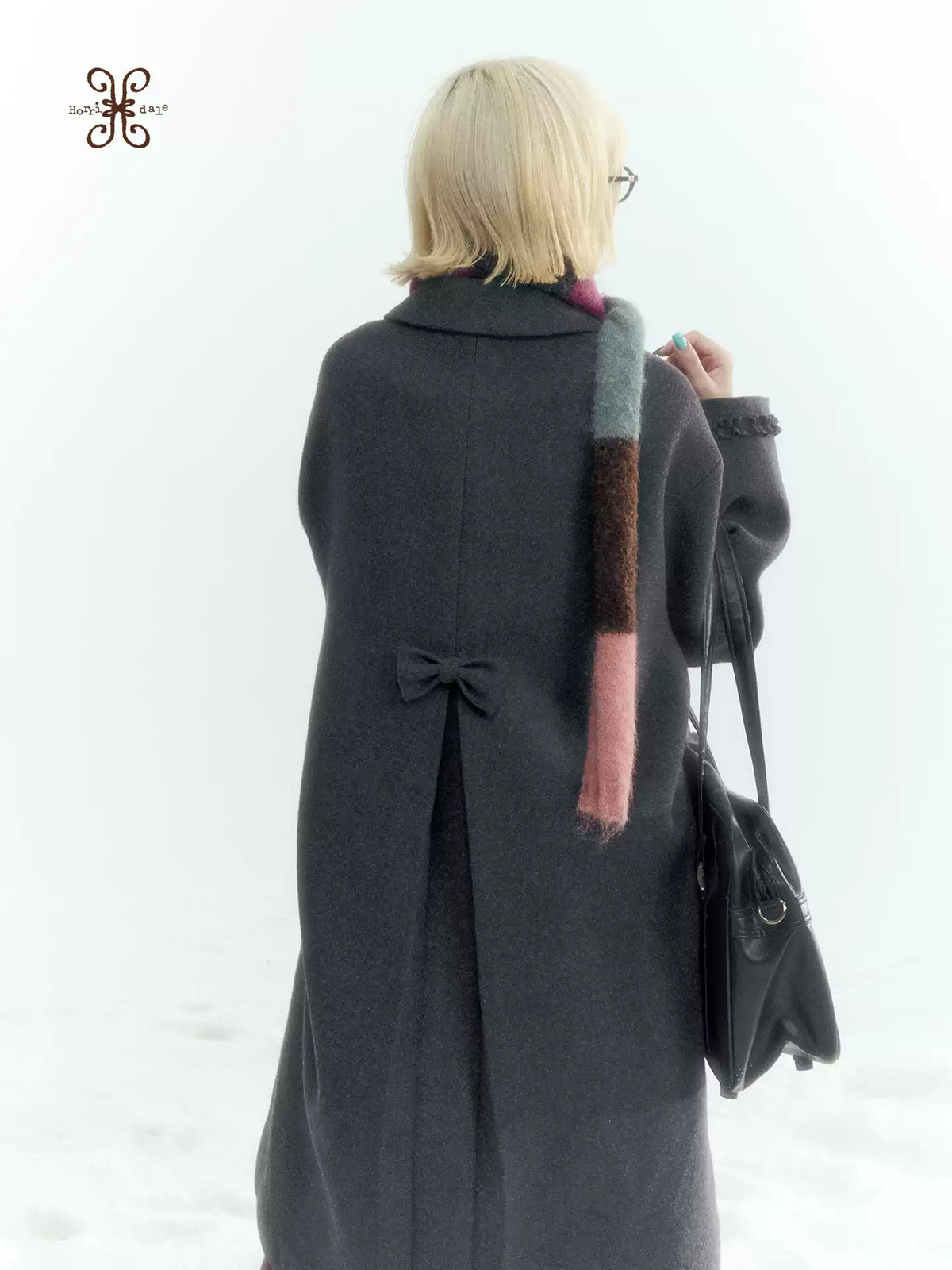 Horridale - Korean-Inspired Dark Gray Ruffle-Trim Long Wool-Blend Coat