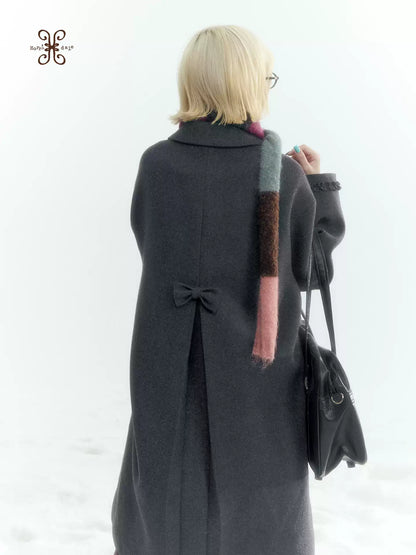 Horridale - Korean-Inspired Dark Gray Ruffle-Trim Long Wool-Blend Coat