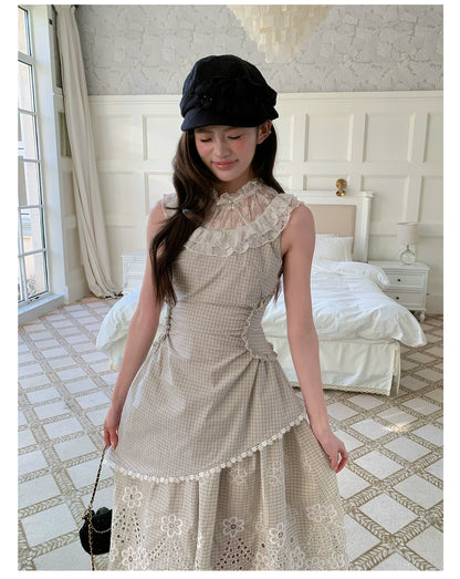 “Tea Garden Reverie” Light Apricot Plaid Embroidered Dress