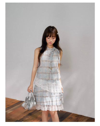 “Berry Fairytale Sonata” Misty Blue Ribbon Neck Lace Dress