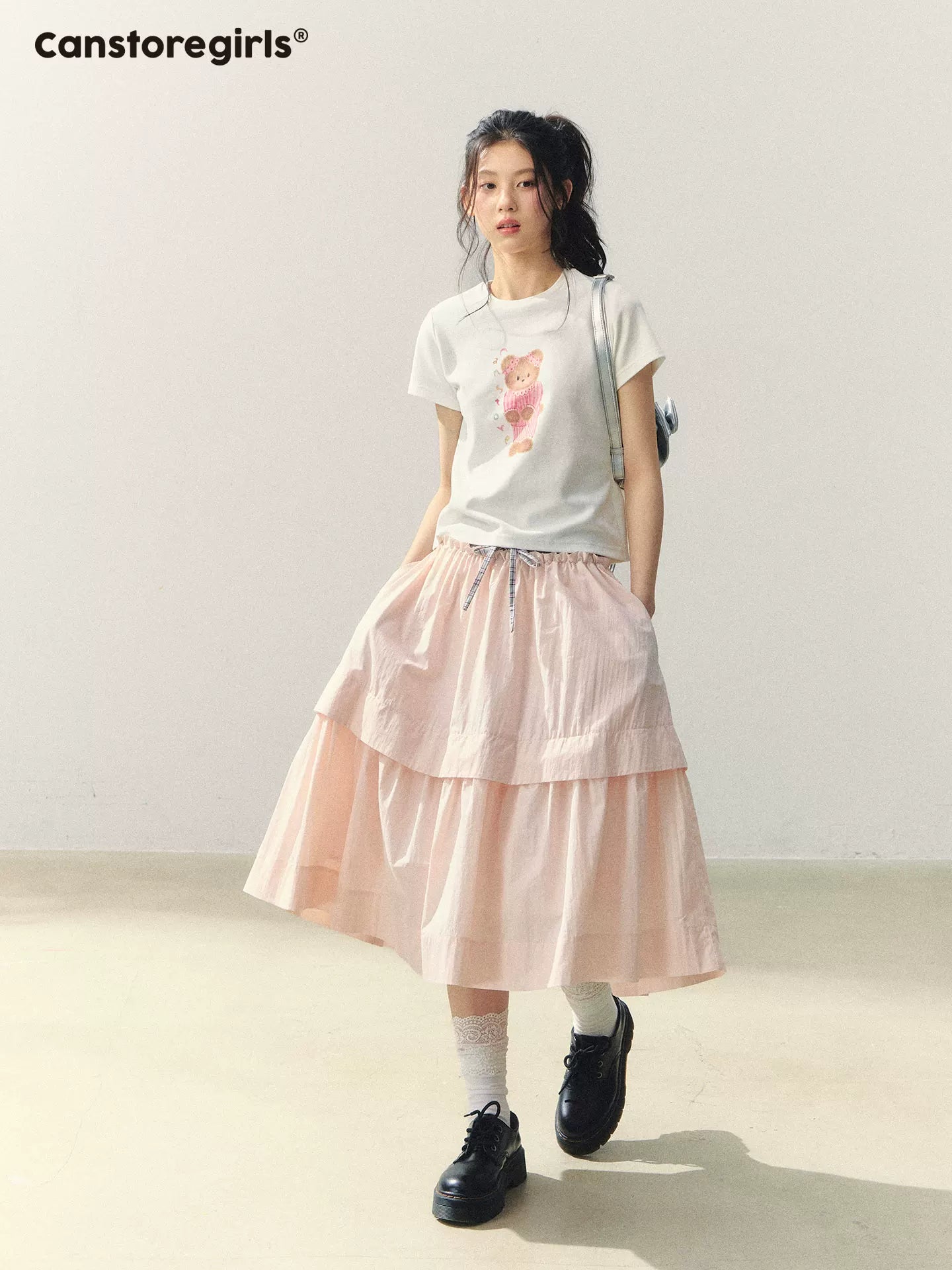 "Milky Peach Plaid Roll" Pleated Hem A-line Midi Skirt WW2026055