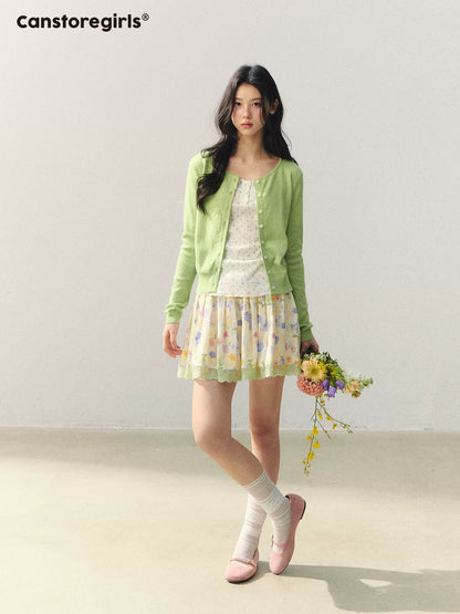 "Summer Meadow Sky" Knit Cardigan & Floral Pleated Skirt Set LL2026010