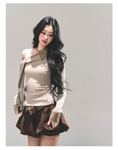 少也眼 “The Quiet Passing” Asymmetric Knit Off-Shoulder Top - Oatmeal 65624