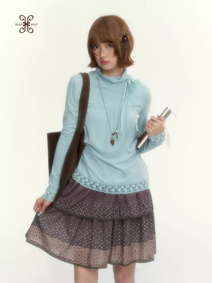 “Caramel Patchwork” Brown Patchwork Floral Plaid Lace A-Line Tiered Skirt