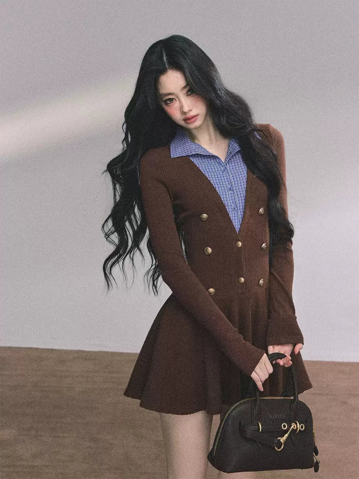 少也眼 Long Sleeve Faux Two-Piece Knit Dress