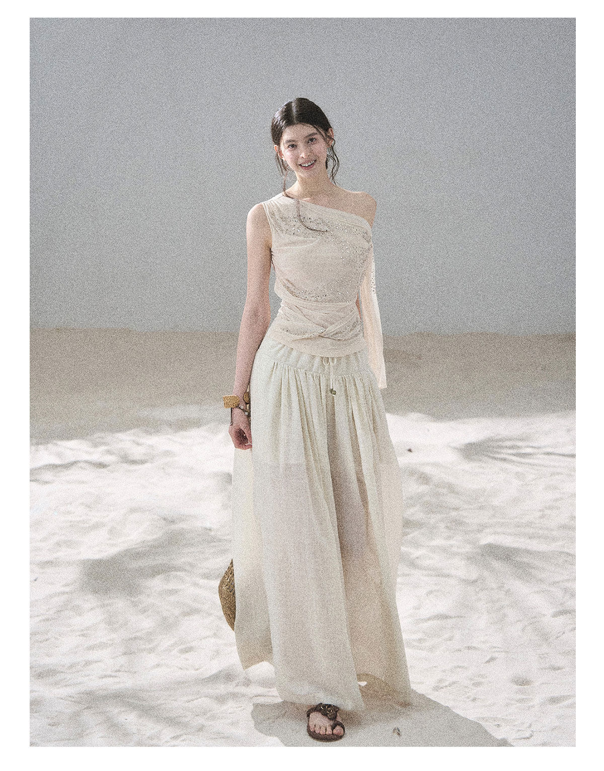 “Frosted Kiss” Milk Tea Tailored Wide-Leg Pants
