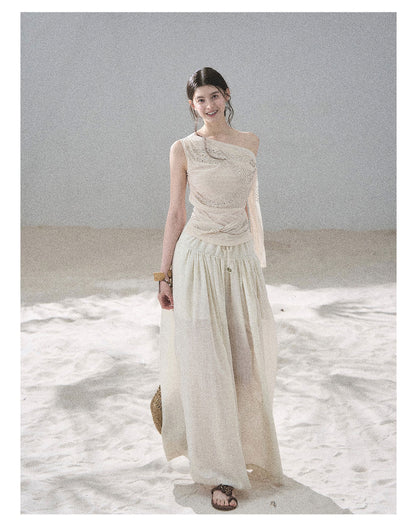 “Frosted Kiss” Milk Tea Tailored Wide-Leg Pants