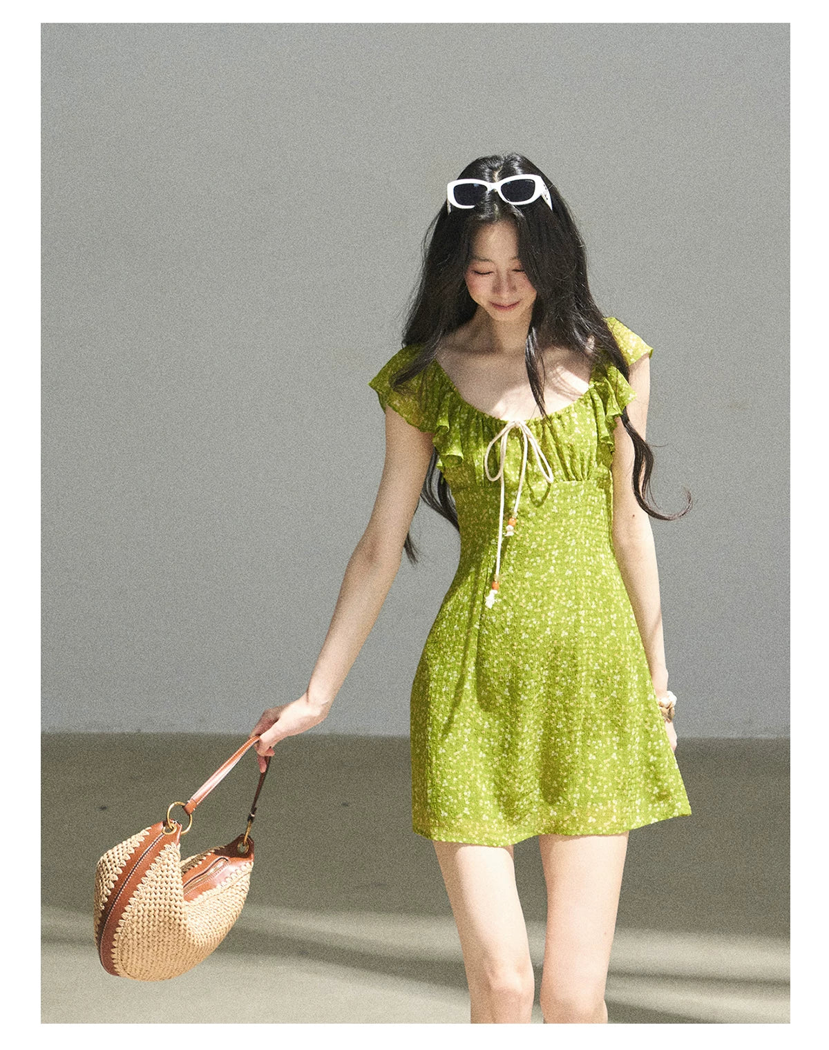 "Emerald Breeze" Primrose Green Floral Chiffon Mini Dress