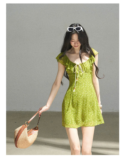 "Emerald Breeze" Primrose Green Floral Chiffon Mini Dress