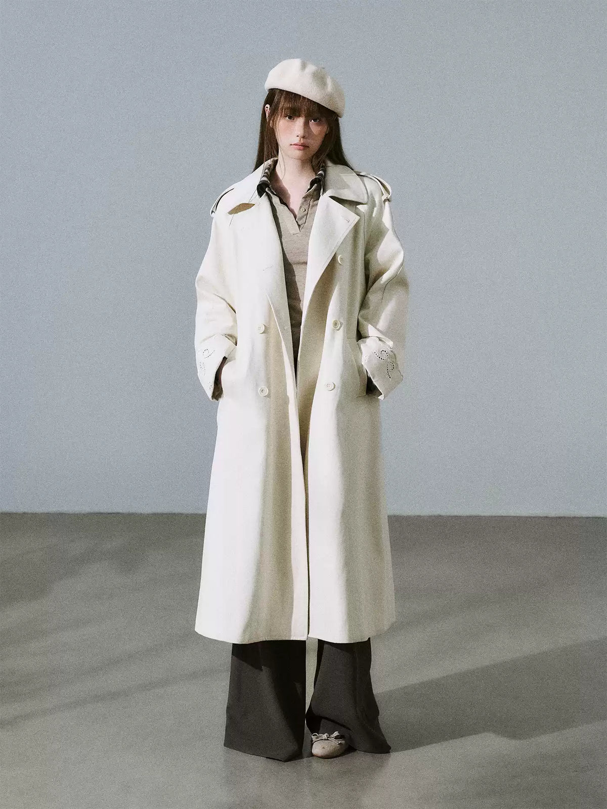 LOST FOREST - Almond Milk White Cutout Embroidered Trench Coat
