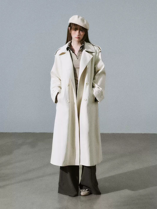 LOST FOREST - Almond Milk White Cutout Embroidered Trench Coat