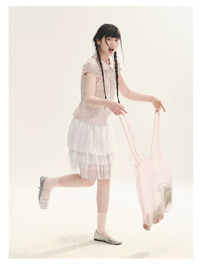 "Black & White Sonata" Polka Dot Mesh Tiered Jellyfish Skirt (White/ Black)