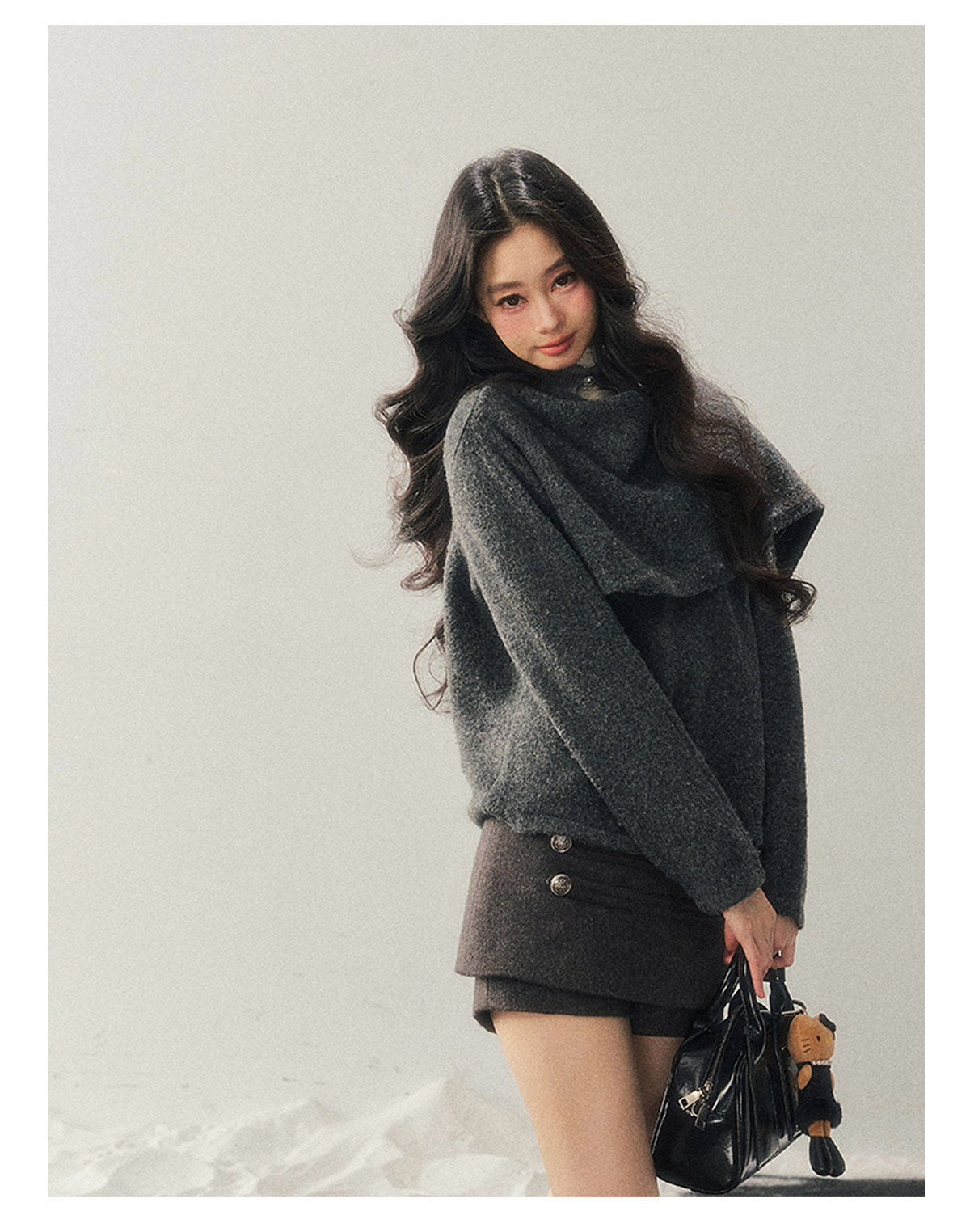 少也眼 "When Clarity Falls" Dusk Gray Layered Shawl Knit Sweater