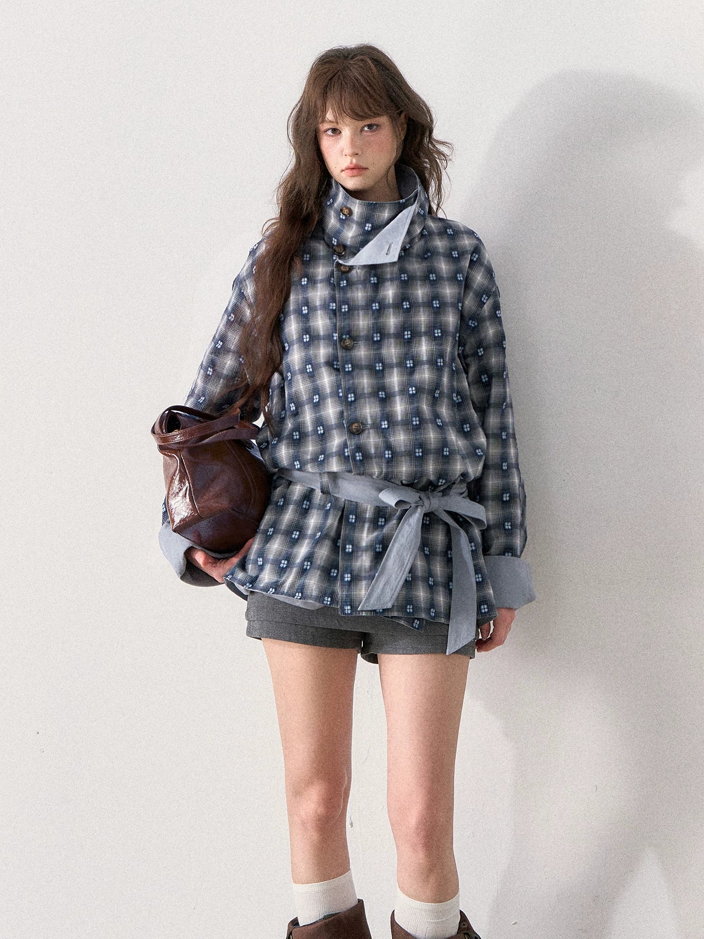 [TMMG] French Stand Collar Reversible Plaid Waist-Cinched Trench Coat (Morning Mist Blue)