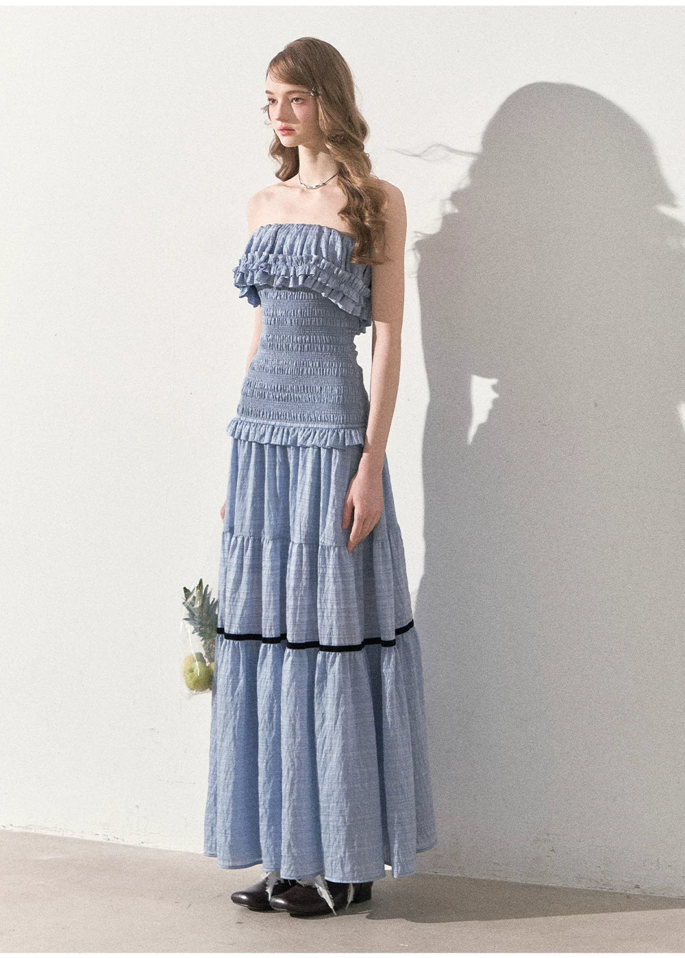 "Twilight Verses" Misty Blue Smocked Ruffle Maxi Dress