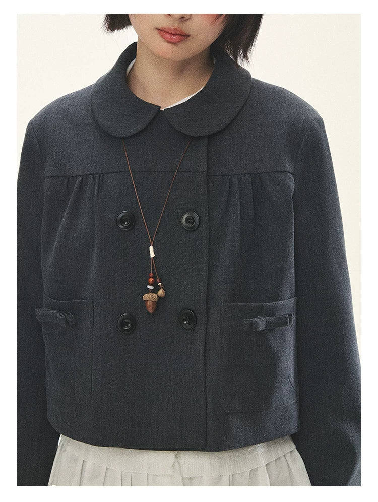 "First Day of Spring" Charcoal Gray Bow Blazer & Asymmetrical Skirt Set