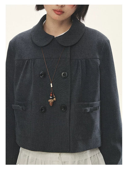 "First Day of Spring" Charcoal Gray Bow Blazer & Asymmetrical Skirt Set