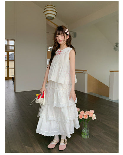 “Starfall Fairytale” White Ribbon Sleeveless Top & Layered Lace Skirt