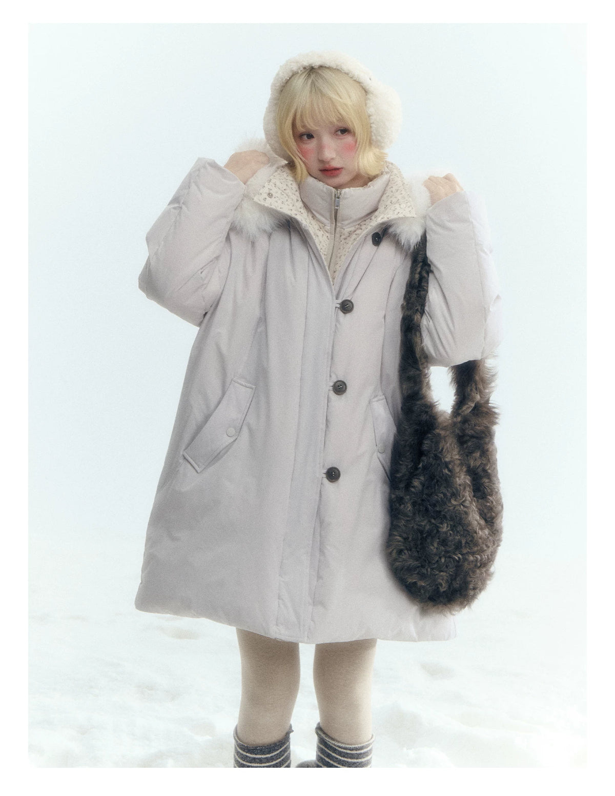 Horridale - Snow-Dusted Floral 90% White Duck Down Puffer Jacket (Light Peach Pink / Silver Gray)