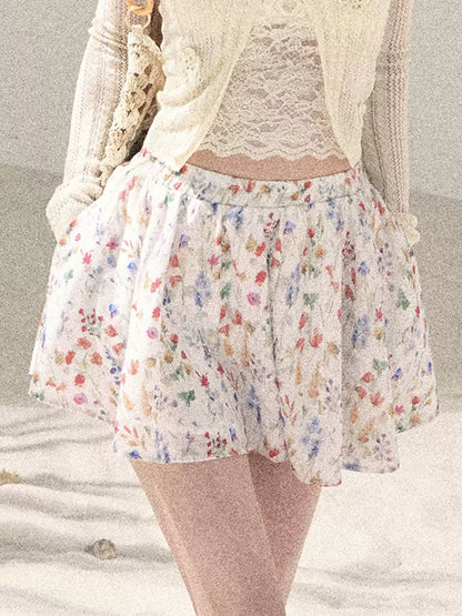 "Blooming Floral Reverie" Cream Ivory Floral A-Line Mini Skirt