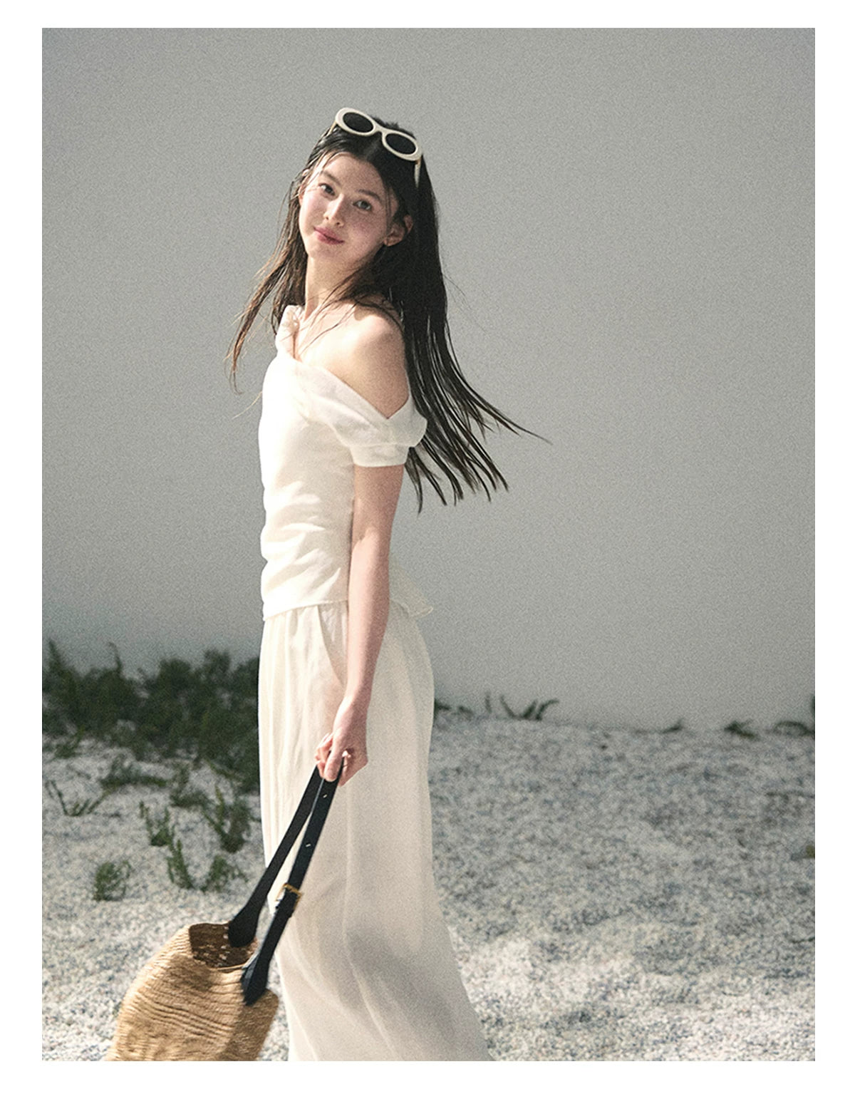 “Cloud Threads Falling at the Shoulder” Ivory Linen-Blend Two-Piece Set