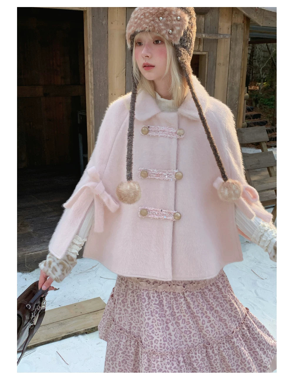 RF - Vintage Pink Fuzzy Cropped Cape Coat with Ribbon Buttons
