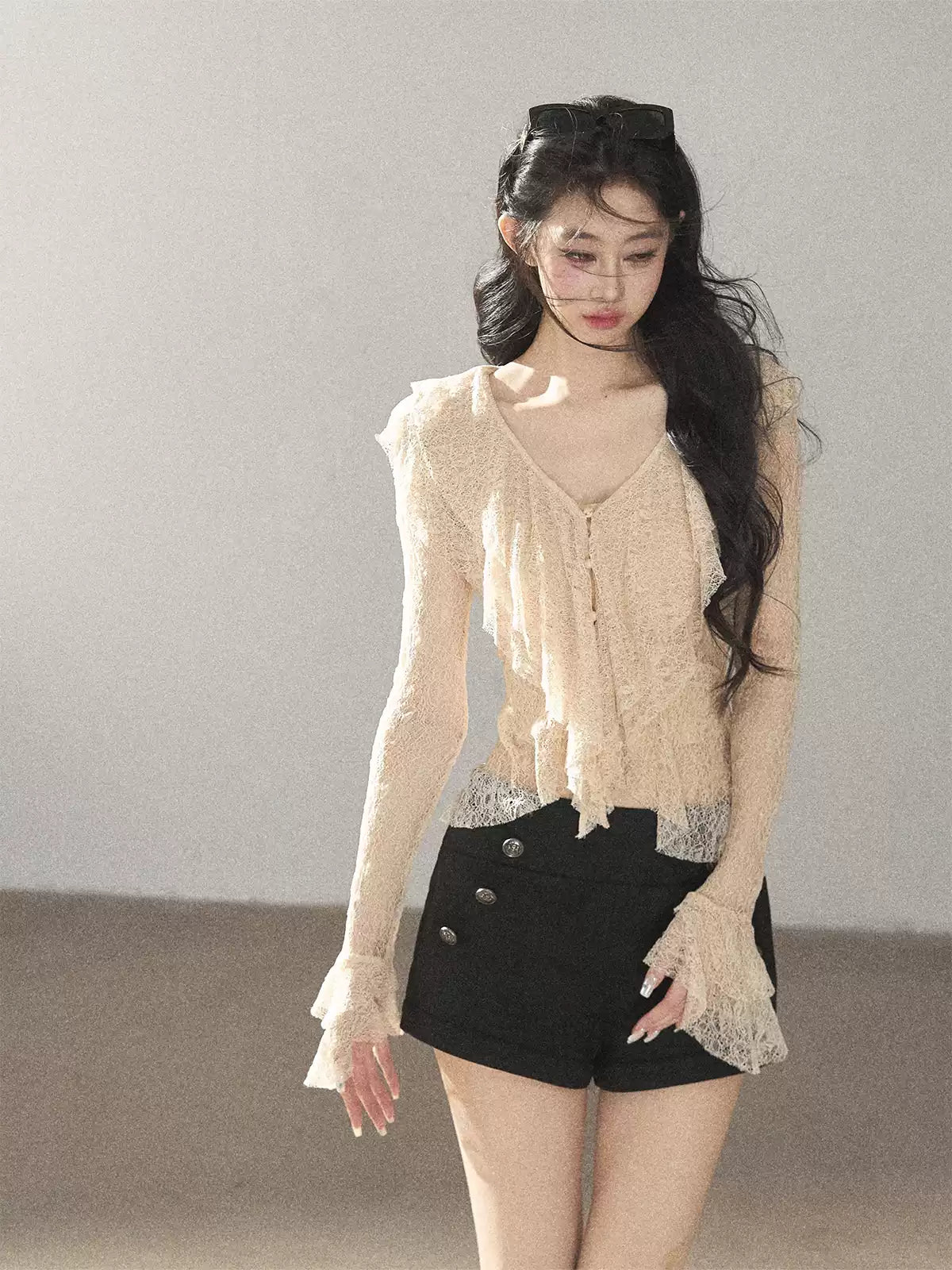 AOMALM - Lace Top – French Ruffle V-Neck Cropped Style