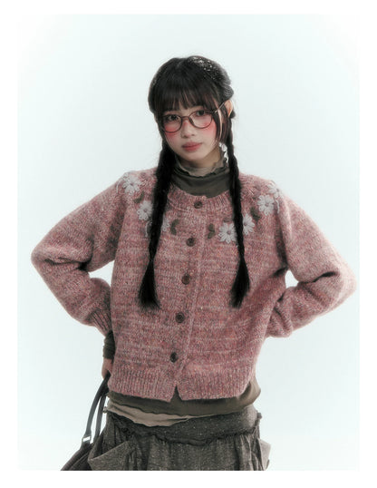 Horridale - Dusty Lotus Pink Vintage Crochet Flower Knit Cardigan