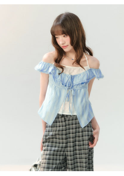 "Blue Mist Academy" Embroidered Off-Shoulder Layered Blouse SH2026204