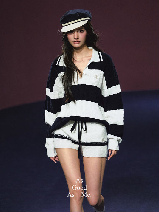 "Harbor Weekend" Navy Nautical Stripe Polo Knit Sweater & Layered Skort Set