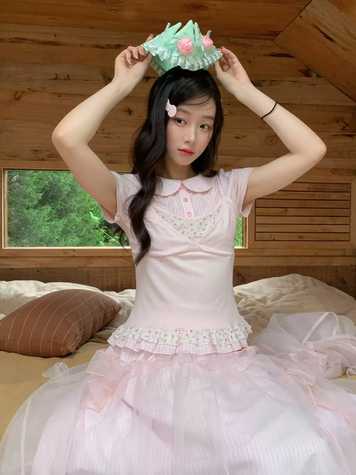 [RF] “Peach Petal Reverie” Peach Pink Doll Collar Top & Tulle Skirt Set