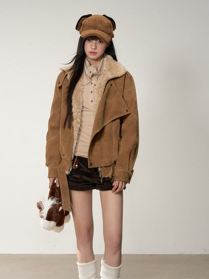 Soote Season - “Melard Mood” Retro Faux Suede Shearling-Trim Biker Jacket - Almond Brown