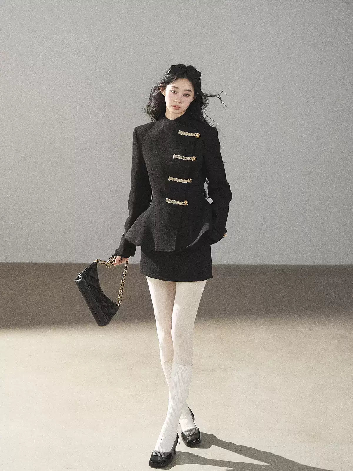 AOMALM - Quiet Black Fitted Fish-Tail Jacket & A-Line Skort Set