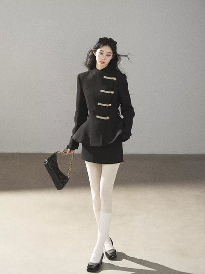 AOMALM - Quiet Black Fitted Fish-Tail Jacket & A-Line Skort Set