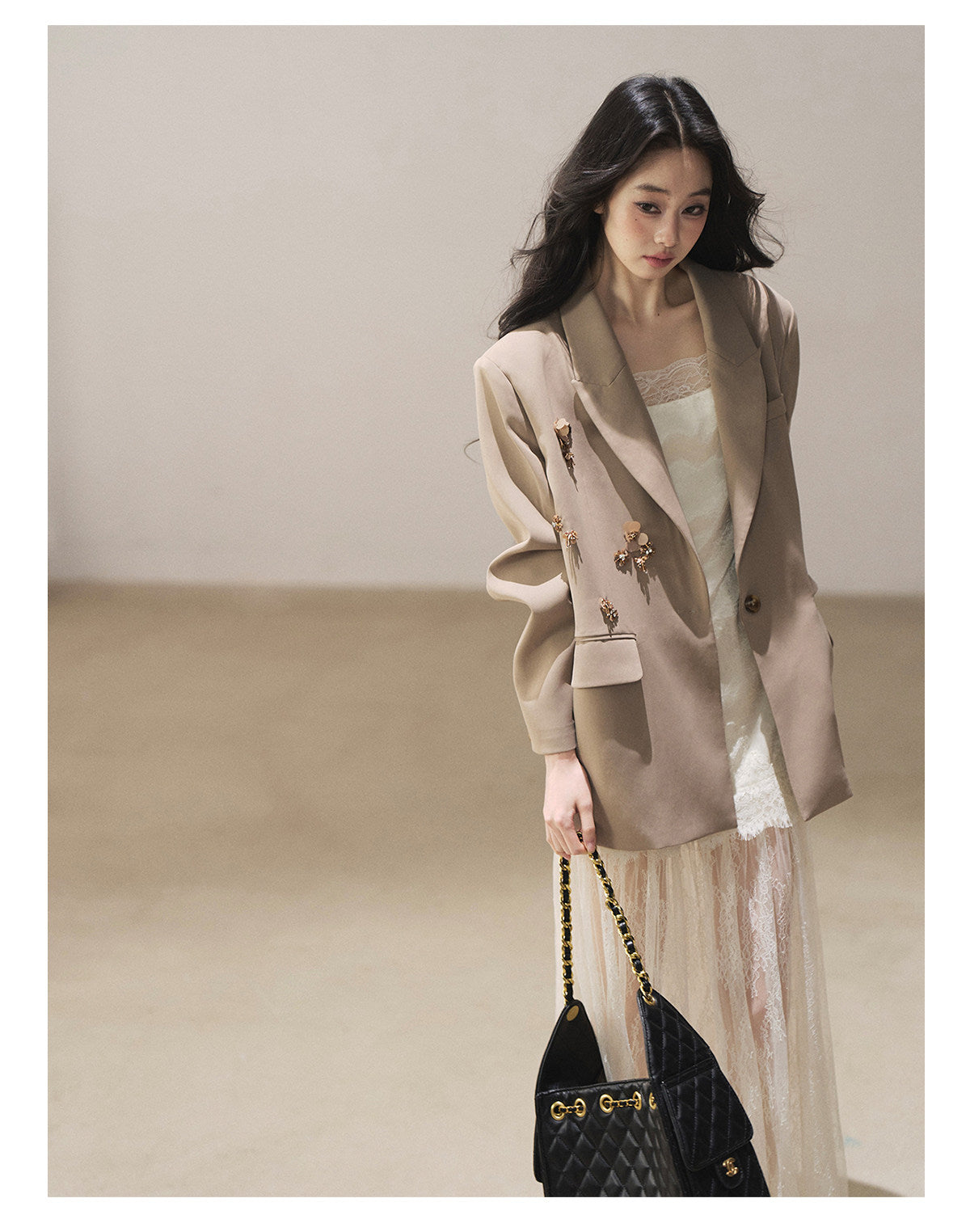 170726 "Your Open Meadow" Cream Apricot White Lace Slip Dress + Gray Taupe Tailored Blazer