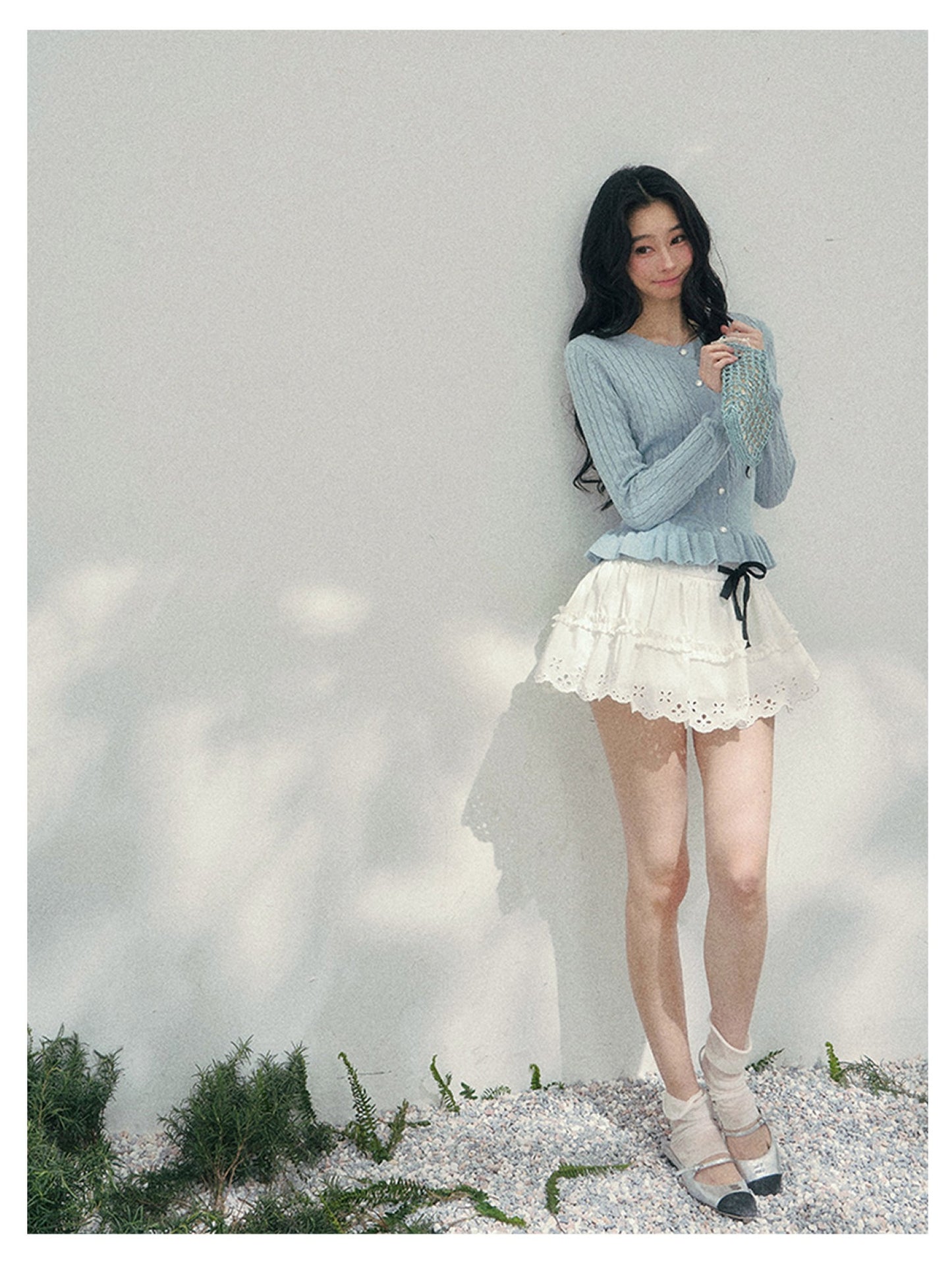 少也眼 “Pearl Whisper” Moonlight Blue Cable-Knit Ruffle-Hem Cropped Cardigan 626586578
