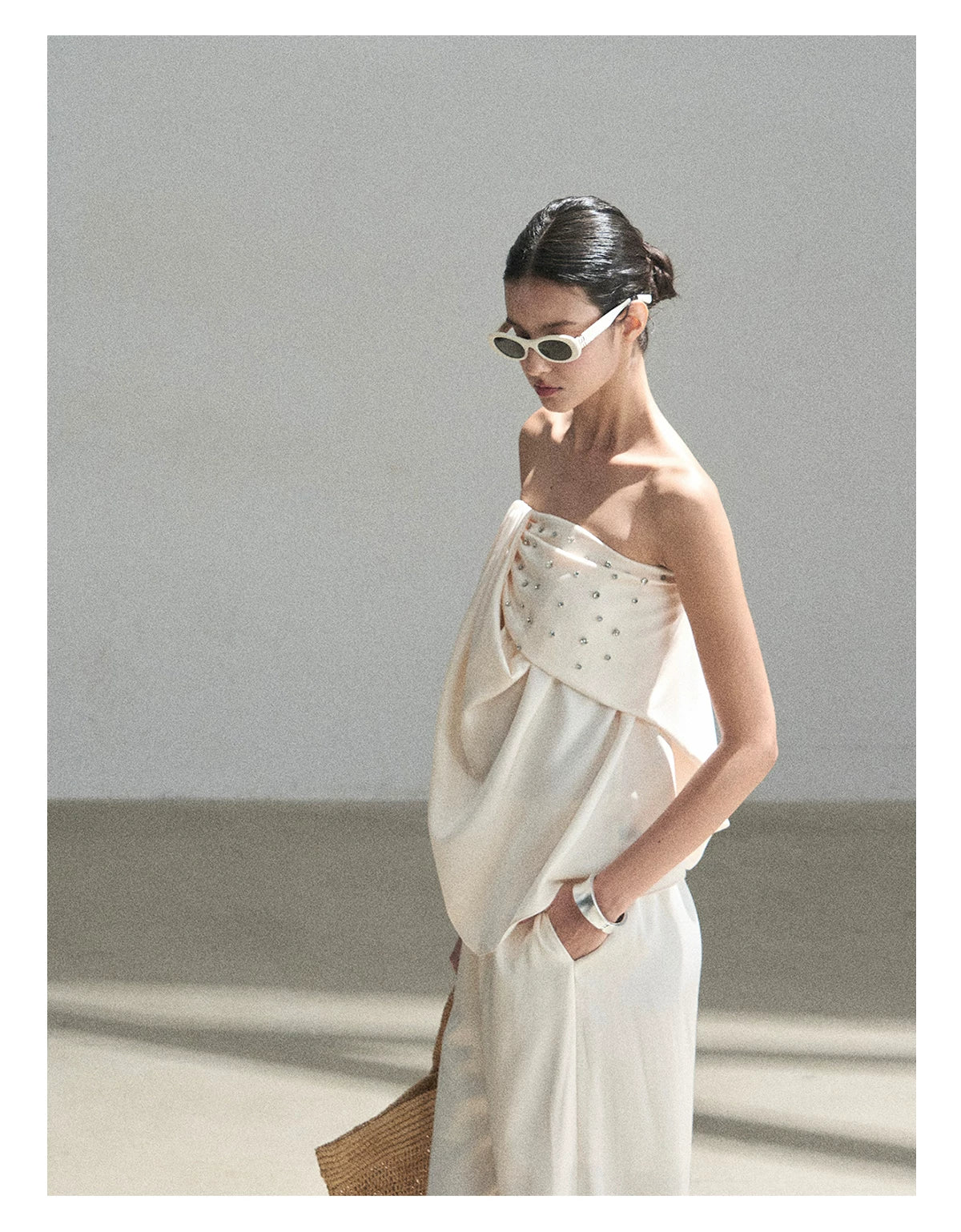 "Summer Rain at Dusk" Cream Beige Satin Two-Piece Set