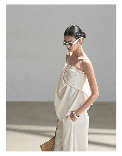 "Summer Rain at Dusk" Cream Beige Satin Two-Piece Set