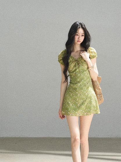 "Breath of the Forest" Misty Sage Embroidered Chiffon Mini Dress