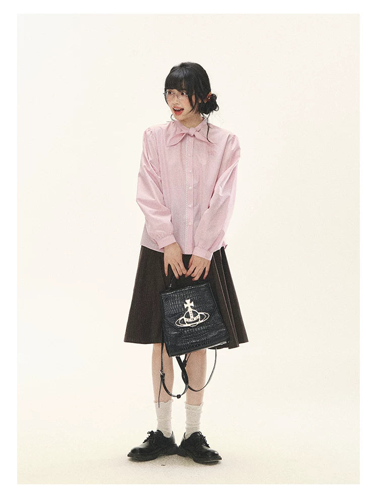 "Blush Poetry" Pink Stripe Cotton Bow Blouse