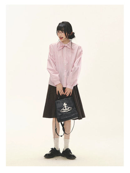 "Blush Poetry" Pink Stripe Cotton Bow Blouse