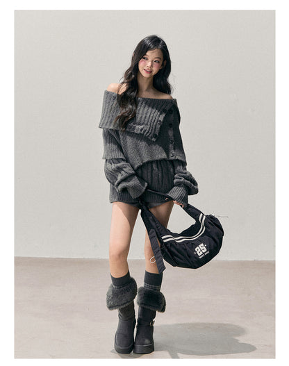 少也眼 “Falling Awake” Off-Shoulder Korean Knit Two-Piece Top with Shawl 9465